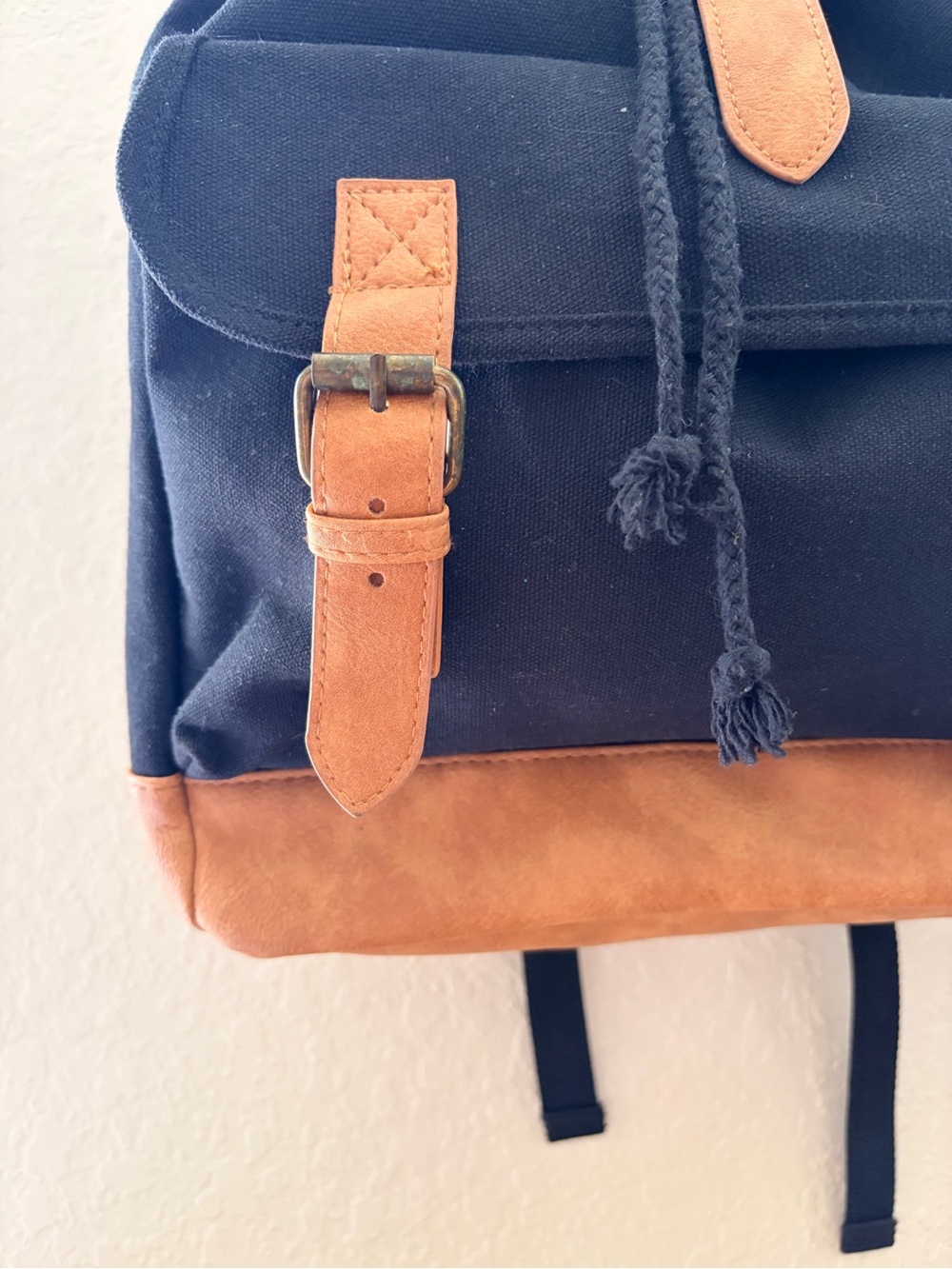 Black XL Canvas Backpack w/Camel Faux Leather Trim Minimalist, School Travel Bag - Picture 2 of 11